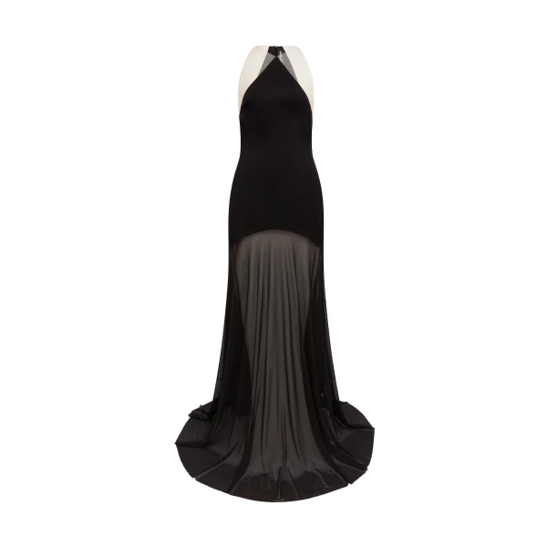 David Koma Satin Halterneck Gown With Mesh Skirt Black