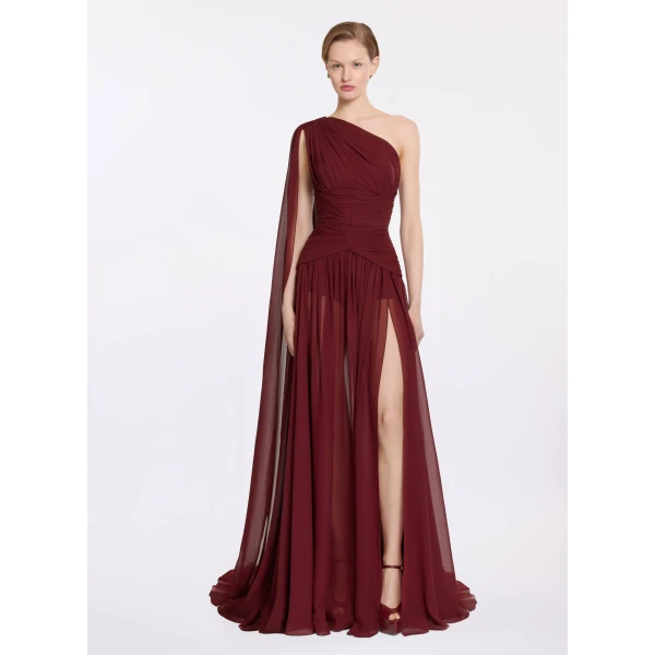 Elie Saab Asymmetrical Silk Dress in Red featuring  – Luxury Designer Fashion at Luxury Shoes .