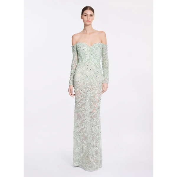 Elie Saab Bead Embroidered Gown in Green featuring  – Luxury Designer Fashion at Luxury Shoes .