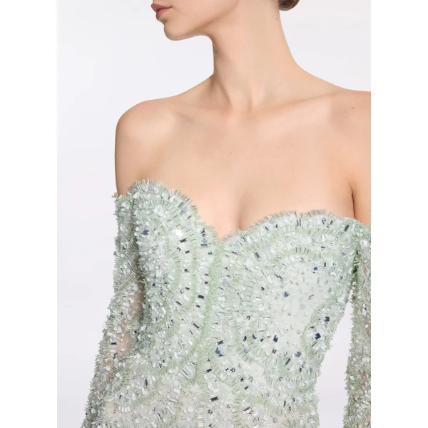 Elie Saab Bead Embroidered Gown in Green featuring  – Luxury Designer Fashion at Luxury Shoes .