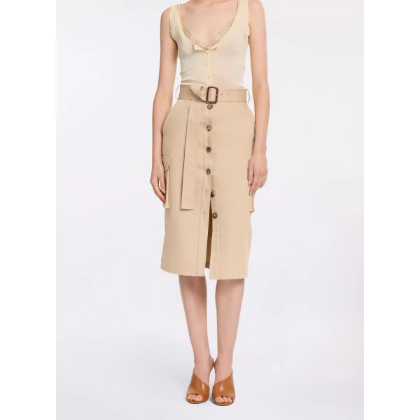Elie Saab Cotton Drill Midi Skirt in Beige featuring  – Luxury Designer Fashion at Luxury Shoes .