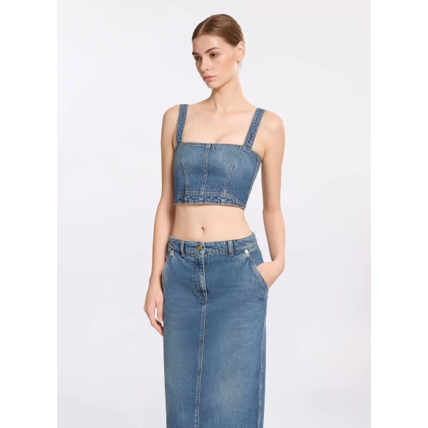 Elie Saab Denim Crop Top in Blue featuring  – Luxury Designer Fashion at Luxury Shoes .