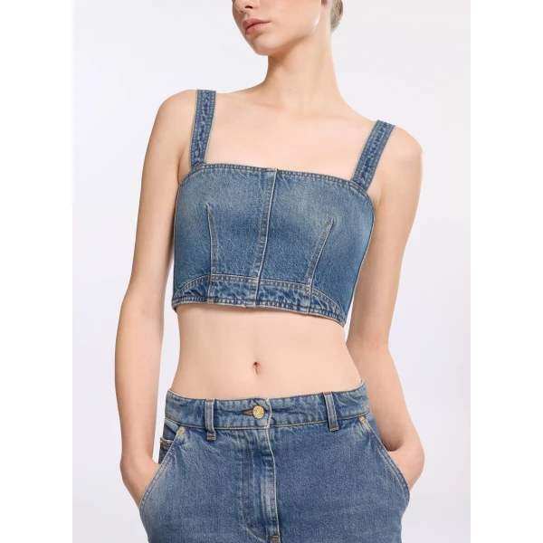 Elie Saab Denim Crop Top in Blue featuring  – Luxury Designer Fashion at Luxury Shoes .