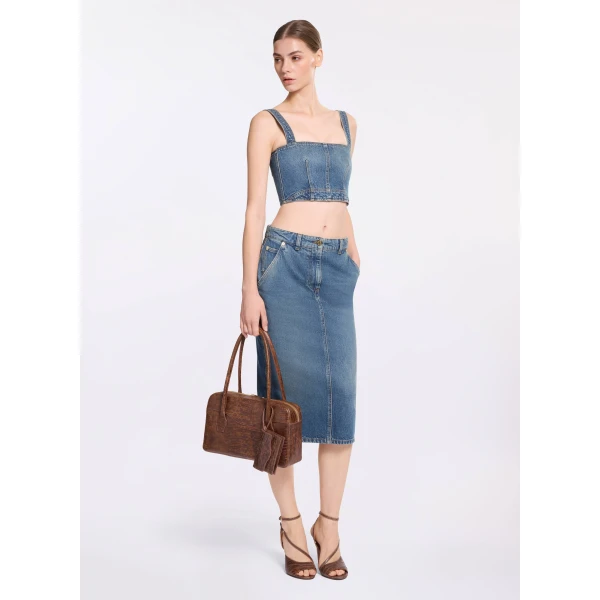 Elie Saab Denim Crop Top in Blue featuring  – Luxury Designer Fashion at Luxury Shoes .