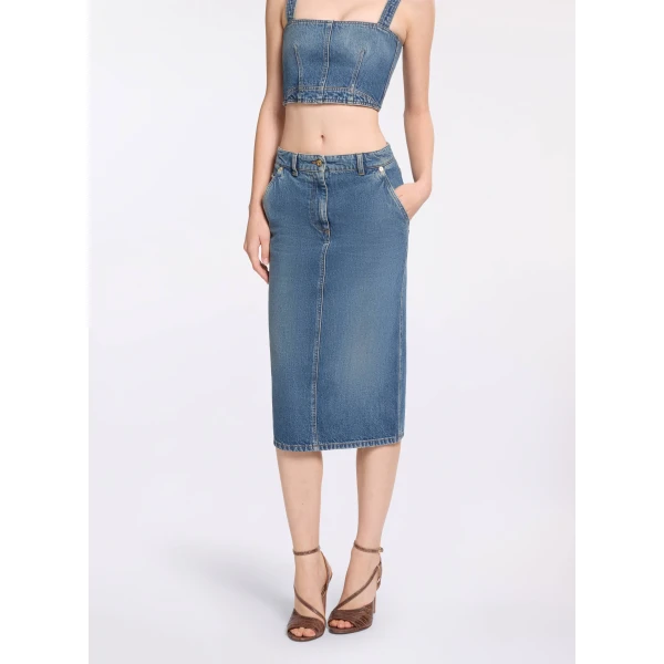 Elie Saab Denim Pencil Skirt in Blue featuring  – Luxury Designer Fashion at Luxury Shoes .