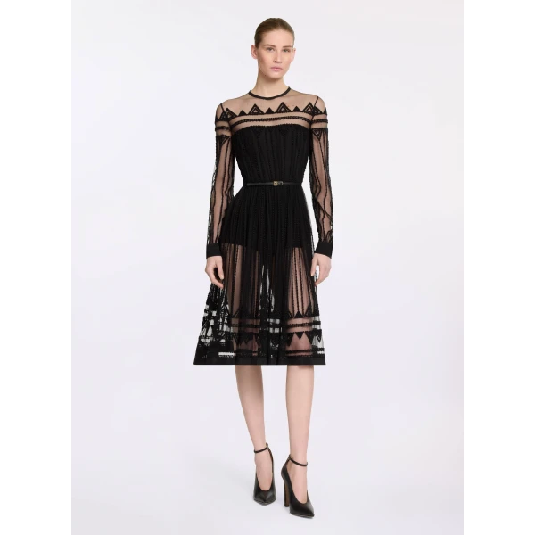 Elie Saab Embroidered Tulle Midi Dress in Black featuring  – Luxury Designer Fashion at Luxury Shoes .