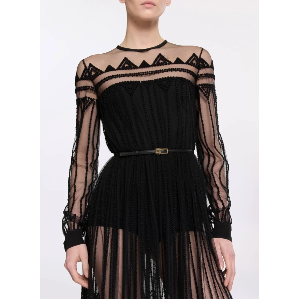 Elie Saab Embroidered Tulle Midi Dress in Black featuring  – Luxury Designer Fashion at Luxury Shoes .