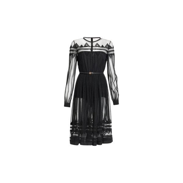 Elie Saab Embroidered Tulle Midi Dress in Black featuring  – Luxury Designer Fashion at Luxury Shoes .