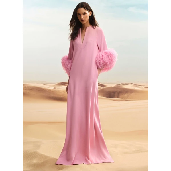 Elie Saab Feather Trimmed Kaftan in Pink featuring  – Luxury Designer Fashion at Luxury Shoes .