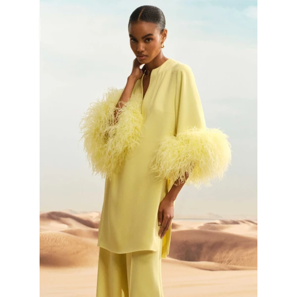 Elie Saab Feather Trimmed Top in Yellow featuring  – Luxury Designer Fashion at Luxury Shoes .