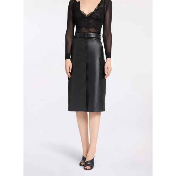 Elie Saab Leather Midi Skirt in Black featuring  – Luxury Designer Fashion at Luxury Shoes .