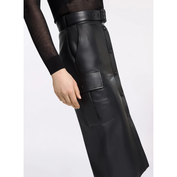 Elie Saab Leather Midi Skirt in Black featuring  – Luxury Designer Fashion at Luxury Shoes .