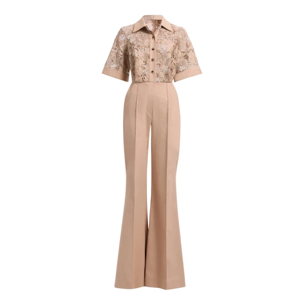 Elie Saab Macramé & Drill Jumpsuit in Beige featuring  – Luxury Designer Fashion at Luxury Shoes .