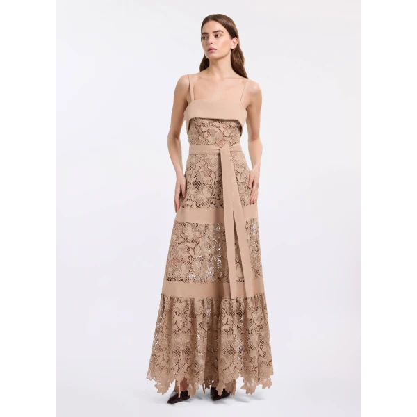 Elie Saab Macramé & Drill Long Dress in Beige featuring  – Luxury Designer Fashion at Luxury Shoes .