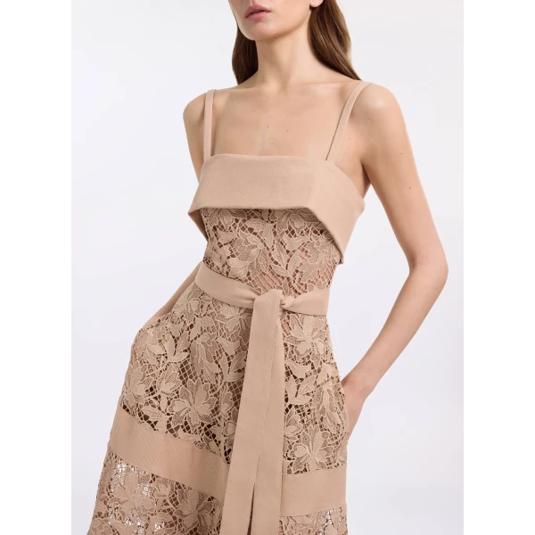 Elie Saab Macramé & Drill Long Dress in Beige featuring  – Luxury Designer Fashion at Luxury Shoes .