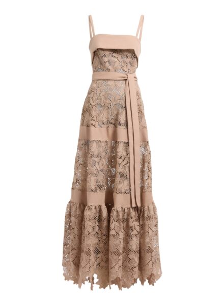 Elie Saab Macramé & Drill Long Dress in Beige featuring  – Luxury Designer Fashion at Luxury Shoes .