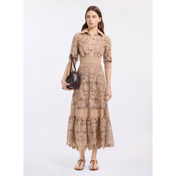 Elie Saab Macramé & Drill Midi Dress in Beige featuring  – Luxury Designer Fashion at Luxury Shoes .