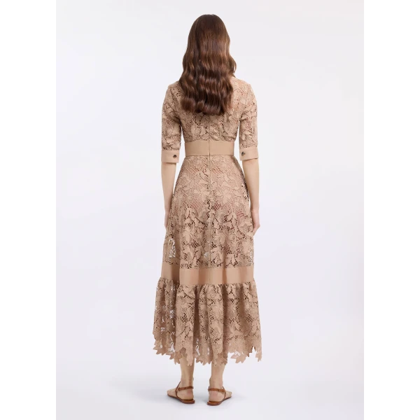 Elie Saab Macramé & Drill Midi Dress in Beige featuring  – Luxury Designer Fashion at Luxury Shoes .
