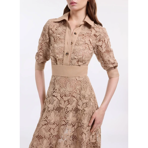 Elie Saab Macramé & Drill Midi Dress in Beige featuring  – Luxury Designer Fashion at Luxury Shoes .