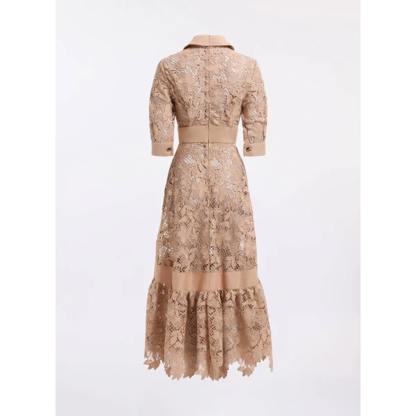 Elie Saab Macramé & Drill Midi Dress in Beige featuring  – Luxury Designer Fashion at Luxury Shoes .