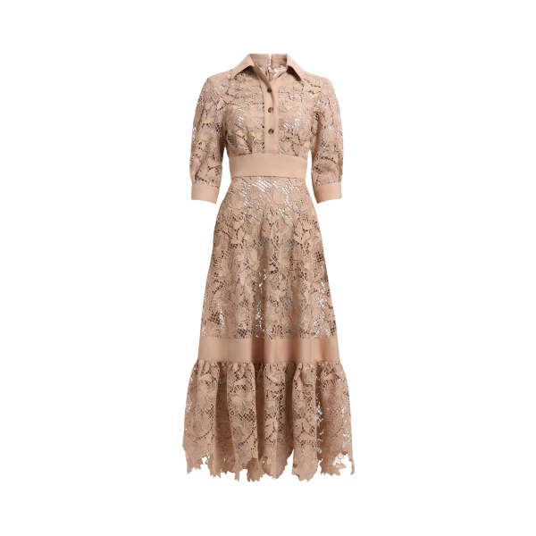 Elie Saab Macramé & Drill Midi Dress in Beige featuring  – Luxury Designer Fashion at Luxury Shoes .