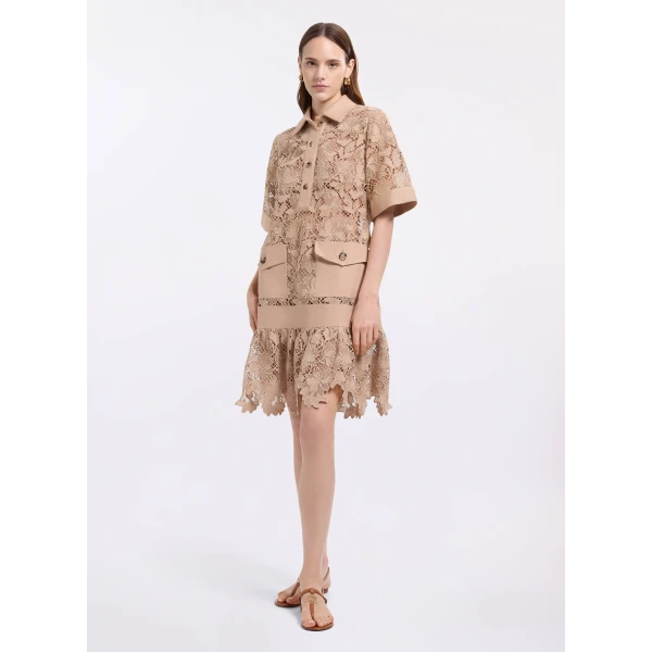 Elie Saab Macramé & Drill Short Dress in Beige featuring  – Luxury Designer Fashion at Luxury Shoes .