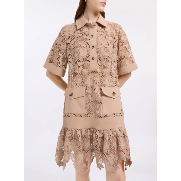 Elie Saab Macramé & Drill Short Dress in Beige featuring  – Luxury Designer Fashion at Luxury Shoes .