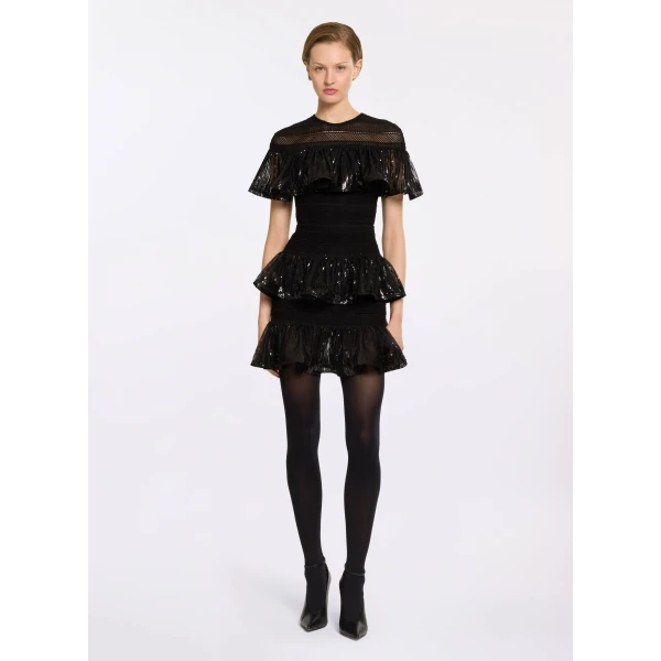 Elie Saab Macramé and Sequin Ruffled Dress in Black featuring  – Luxury Designer Fashion at Luxury Shoes .