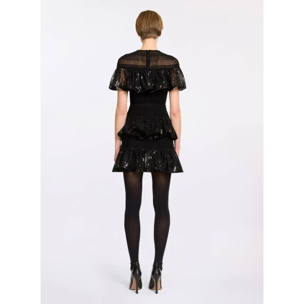 Elie Saab Macramé and Sequin Ruffled Dress in Black featuring  – Luxury Designer Fashion at Luxury Shoes .