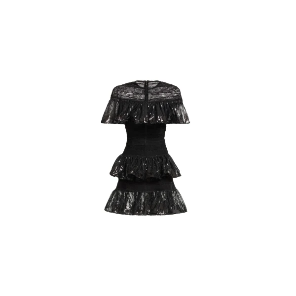 Elie Saab Macramé and Sequin Ruffled Dress in Black featuring  – Luxury Designer Fashion at Luxury Shoes .