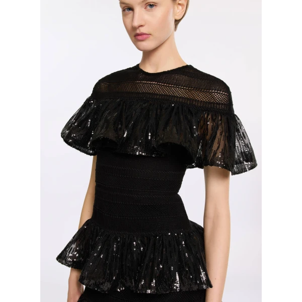 Elie Saab Macramé and Sequin Ruffled Dress in Black featuring  – Luxury Designer Fashion at Luxury Shoes .