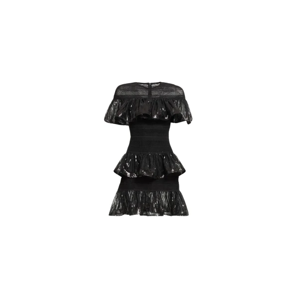 Elie Saab Macramé and Sequin Ruffled Dress in Black featuring  – Luxury Designer Fashion at Luxury Shoes .