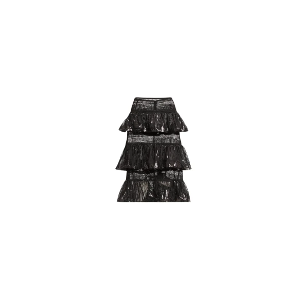 Elie Saab Macramé and Sequin Ruffled Skirt in Black featuring  – Luxury Designer Fashion at Luxury Shoes .