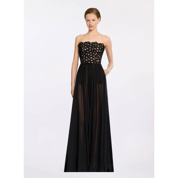 Elie Saab Macramé and Silk Long Dress in Black featuring  – Luxury Designer Fashion at Luxury Shoes .