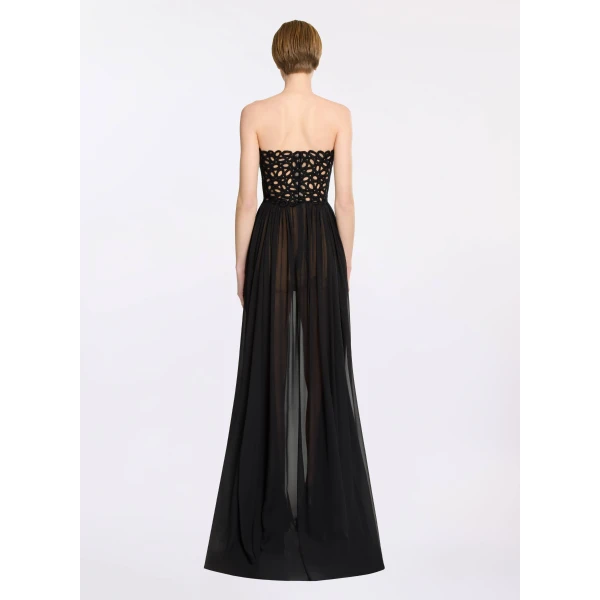 Elie Saab Macramé and Silk Long Dress in Black featuring  – Luxury Designer Fashion at Luxury Shoes .