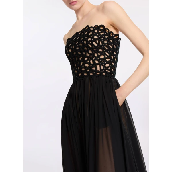 Elie Saab Macramé and Silk Long Dress in Black featuring  – Luxury Designer Fashion at Luxury Shoes .