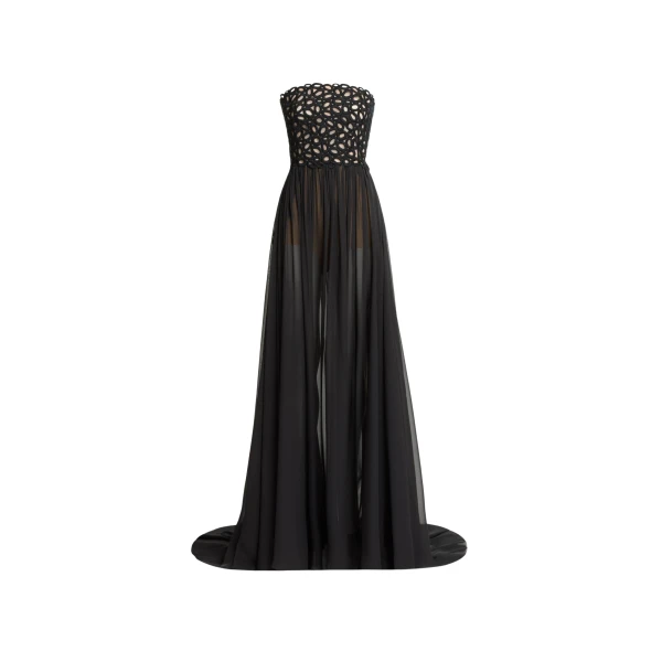 Elie Saab Macramé and Silk Long Dress in Black featuring  – Luxury Designer Fashion at Luxury Shoes .