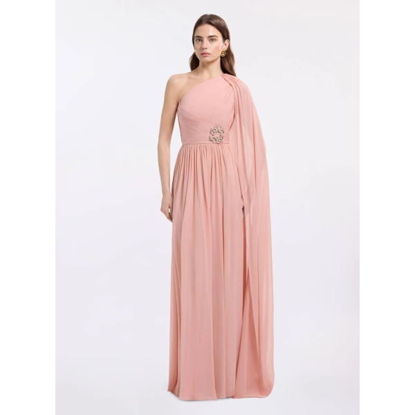 Elie Saab One-Shoulder Silk Long Dress in Pink featuring  – Luxury Designer Fashion at Luxury Shoes .