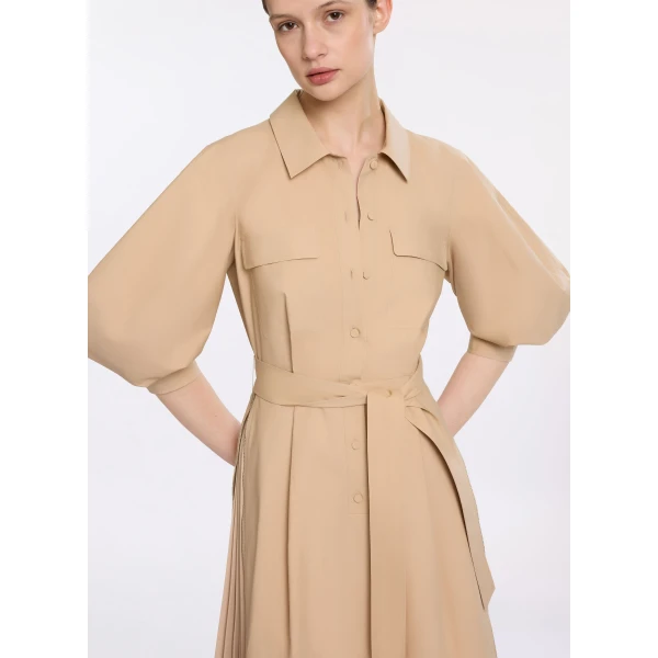 Elie Saab Pleated Cotton Midi Dress in Beige featuring  – Luxury Designer Fashion at Luxury Shoes .