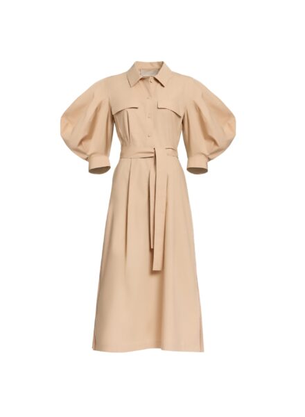 Elie Saab Pleated Cotton Midi Dress in Beige featuring  – Luxury Designer Fashion at Luxury Shoes .