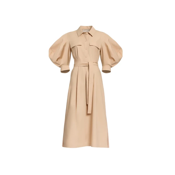 Elie Saab Pleated Cotton Midi Dress in Beige featuring  – Luxury Designer Fashion at Luxury Shoes .