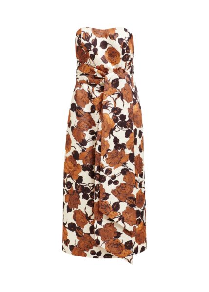 Beige and brown strapless midi dress with wrap-belt