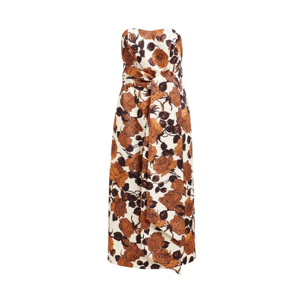 Beige and brown strapless midi dress with wrap-belt