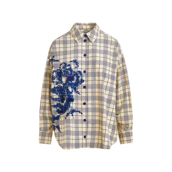 Beige and dark blue checked oversized cotton shirt with floral sequin and bead embellishment