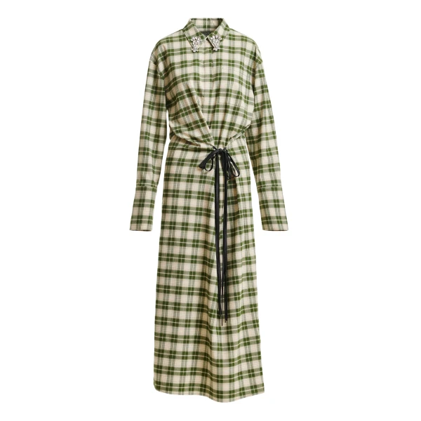 Beige and green checked oversized maxi dress with rhinestone-embellished collar