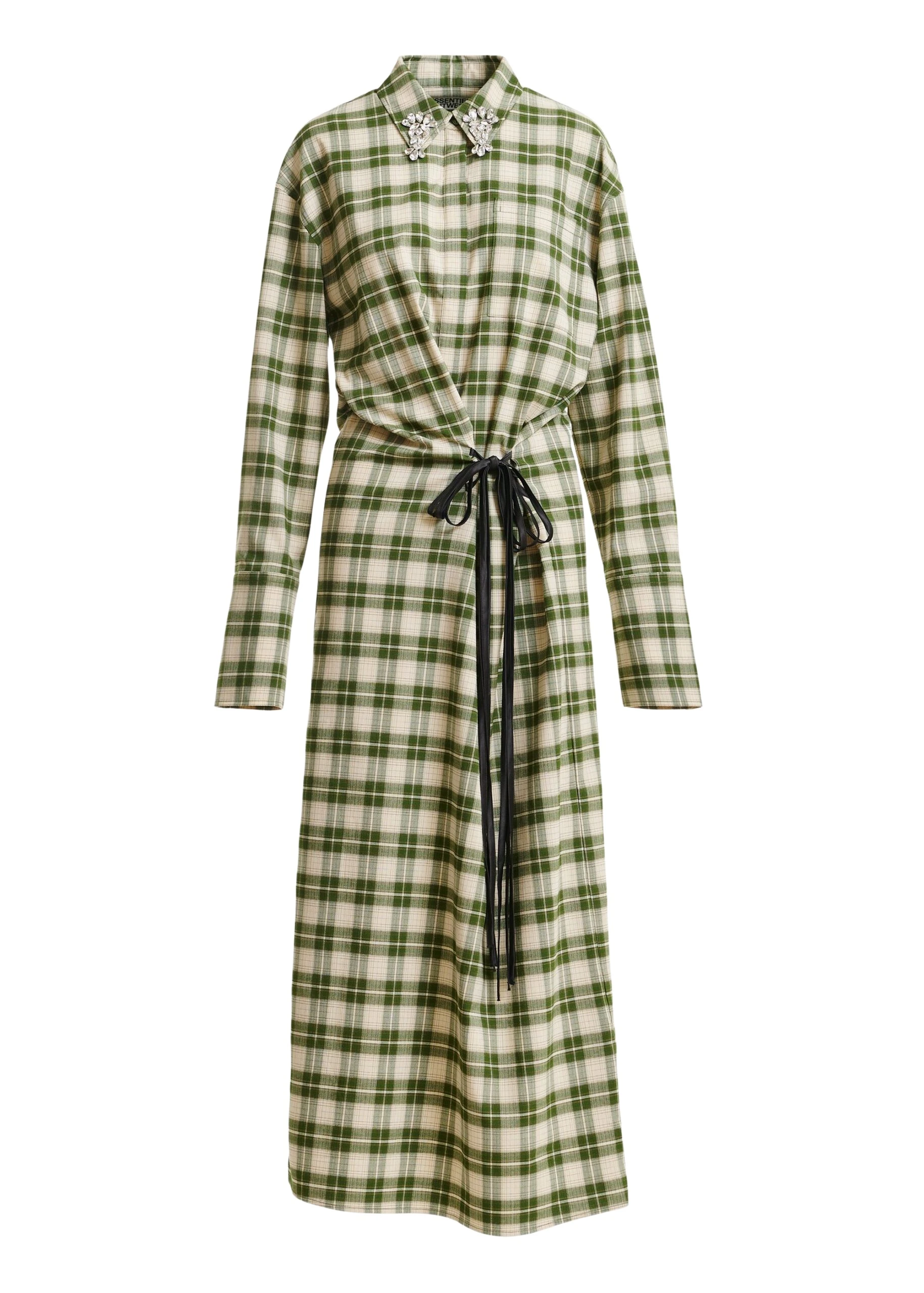 Essentiel-Antwerp-Beige-and-green-checked-oversized-maxi-dress-with-rhinestone-embellished-collar-scaled56495_nobg Beige and green checked oversized maxi dress with rhinestone-embellished collar