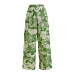 Beige and green pleated wide-leg printed pants