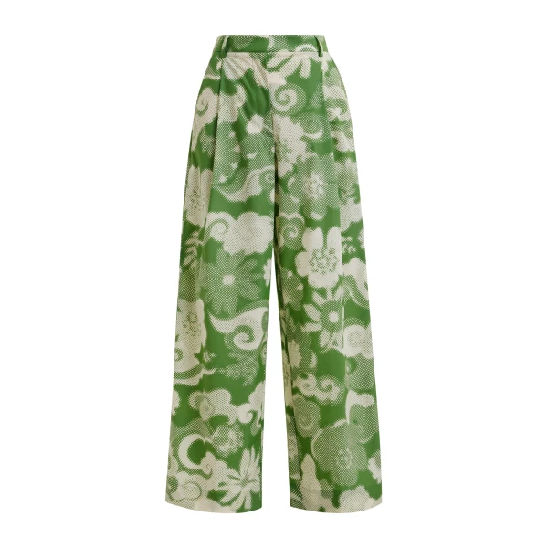 Beige and green pleated wide-leg printed pants