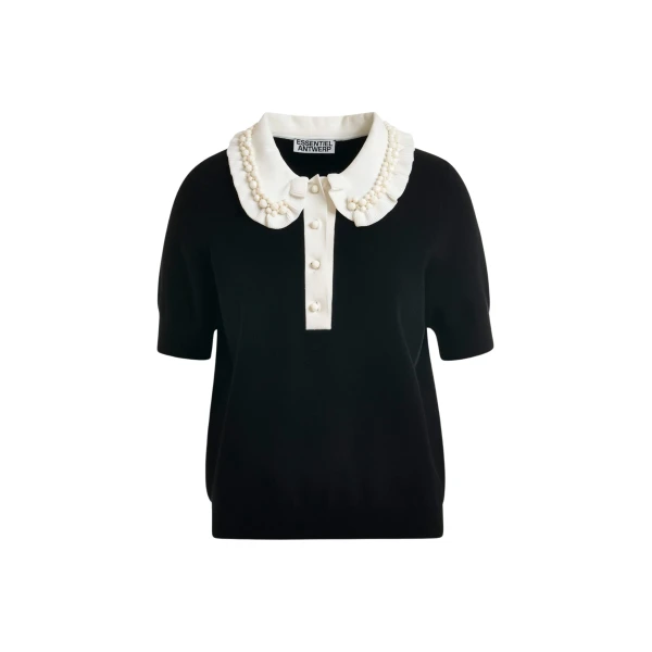 Black and off-white ruffle fine-knit polo top with bead embellishments