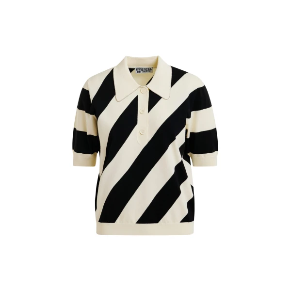 Black and off-white striped polo with embellished collar